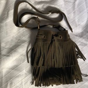 Argentinian-made olive suede bucket bag
